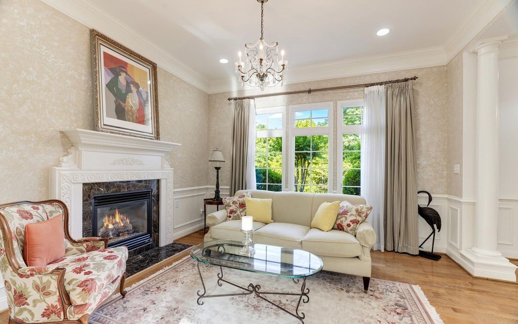 Sunlit family room with fireplace